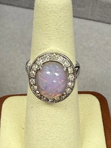 Vintage Women's Sterling Silver Oval Opal & Rhinestones size 6.5 R 3419 - Picture 1 of 4