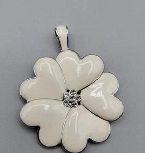 Designer Lia Sophia 'Lucky in Love' Silver White Enamel Crystal Flower Pendant - Picture 1 of 4