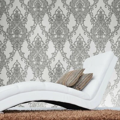 Rolo de papel de parede texturizado ouro bronze branco cinza damasco vintage vitoriano em relevo - Imagem 1 de 4