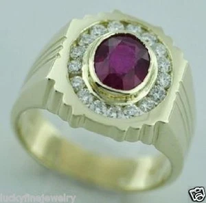 14k Solid Yellow Gold Men men's Natural Ruby Oval & Diamond Ring 2.65 ct - Picture 1 of 4