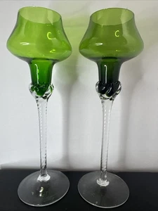 Empoli Italian Art Glass Candlesticks Green & Clear Twisted Stem 11” Vintage - Picture 1 of 8