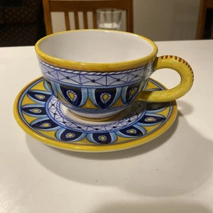 Deruta italienische große handbemalte Kaffee/Latte/Cafe Tasse/Untertasse signiert - Bild 1 von 12