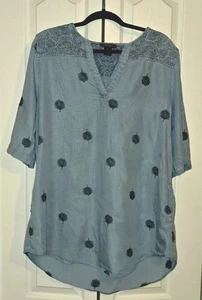 Chelsea & Theodore Blue Embroidered Tunic Women XL Boho Peacock Feather Paisley - Picture 1 of 10