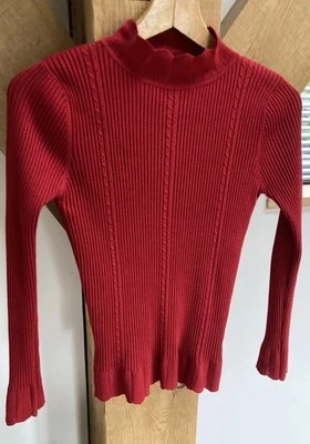 Ladies Red Skinny Rib Jumper Pullover UK 10 Scalloped High Neck thin knit - Image 1 of 4