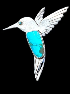 Lucian Koinva Hopi Sonoran Gold Turquoise HUMMINGBIRD Sterling Silver Brooch Pin - Picture 1 of 6