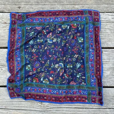 Vintage 100% Wool Handkerchief Floral Pattern Made in Italy Navy Blue 13.5” - Image 1 of 4