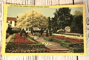 Portland Oregon Lambert Gardens Springtime Linen Postcard - Picture 1 of 2
