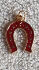 Antique old pendant golden metal and red enamel horseshoe luck charm 