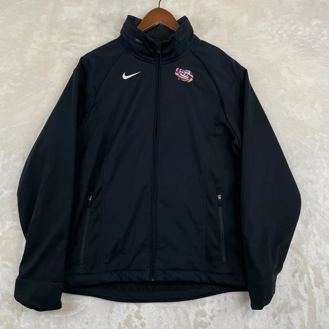 LSU Tigers Nike Jacket Men Medium Black Full Zip Packable Hood Fleece Lined Cover