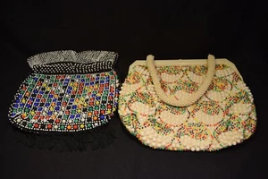 2 Vintage Mid Century Dot Beaded Handbags Drawstring & Handle type - Picture 1 of 7