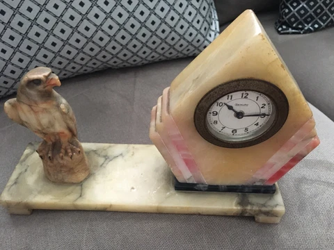 Pink & White French  Art Deco Marble Clock With Falcon Bird Signed Centeauro Cover