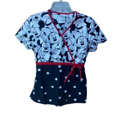 Disney Minnie Mouse Scrub Top Women’s XS 100% Cotton Red/Black/White - Image 1 of 4