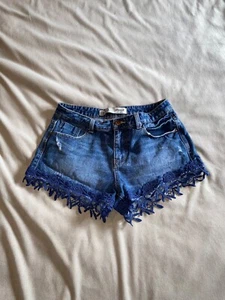 Dark blue Denim shorts with floral lace detail - Picture 1 of 2