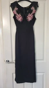 BEBE BLACK EMBELLISHED PINK LIME BEADED SEQUIN PETER PAN COLLAR FLOATY DRESS - M - Picture 1 of 4