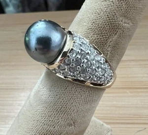 Joan Rivers Faux Grey Pearl Crystal Pave Gold Plated Cocktail Ring Sz 7 - Picture 1 of 8
