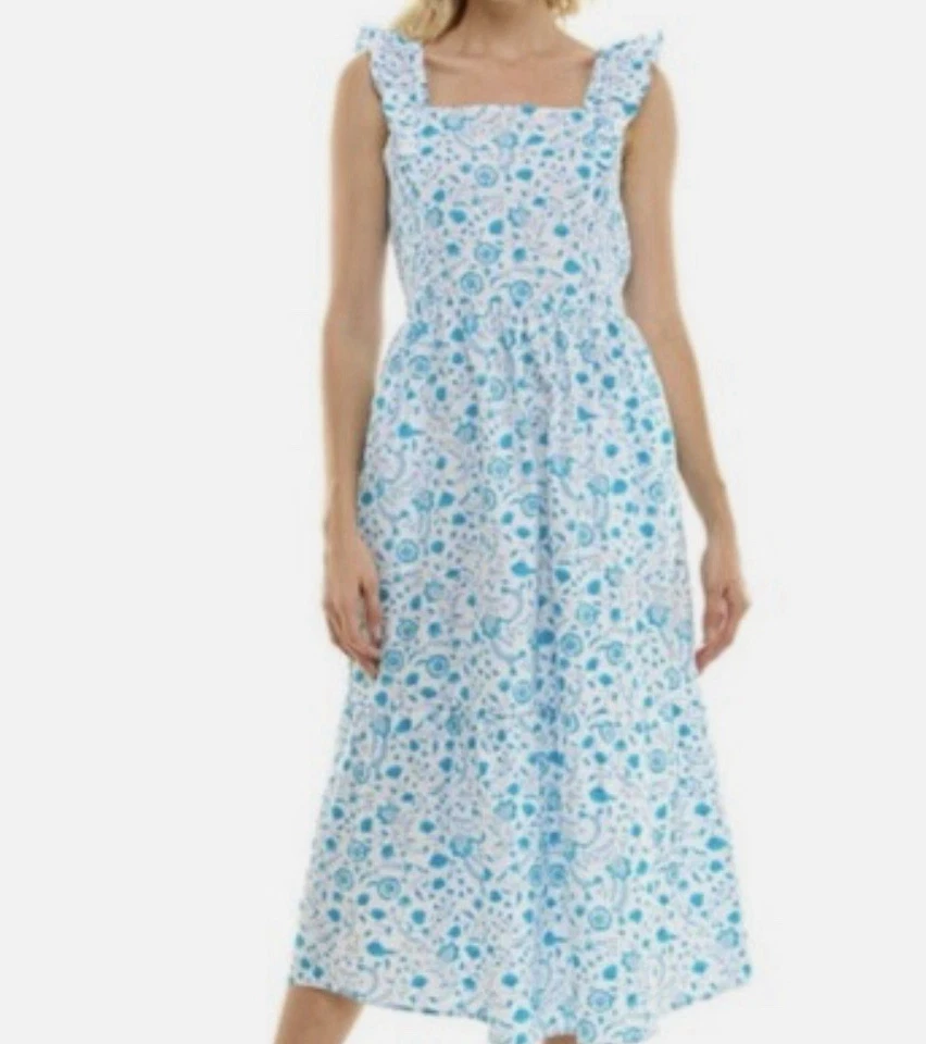 Draper James платье синий белый цветочный трепетать Midi женщин размер средний Cottagecore - Изображение 1 из 4