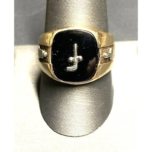 MEN'S MASONIC TUBAL CANE YELLOW GOLD AND ONYX RING SIZE 10 SKY - Picture 1 of 9