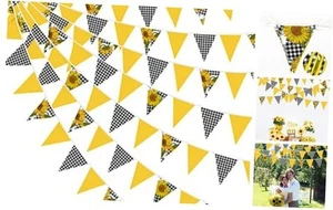 32Ft Yellow and Black Plaid Sunflower Pennant Banner Fabric Triangle Flag - Picture 1 of 8