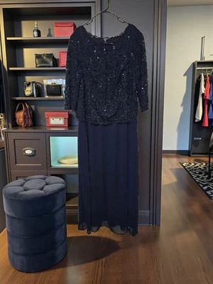 Alex Evenings Navy Blue Sequined Lace & Chiffon Long Gown Dress Plus Size 22W - Image 1 of 4