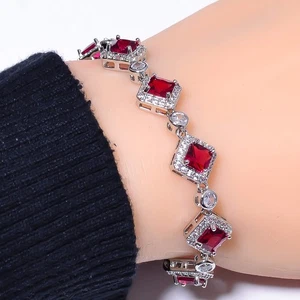 Ruby (Simulated) & CZ 925 Sterling Silver Tennis Bracelet 7.99" B974371343 - Picture 1 of 3