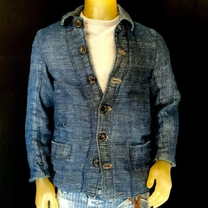 INDIGO Nubby Woven Denim Chore Jacket Coat LINED in COTTON YARN Vintage Workwear - Picture 1 of 10