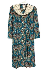 Vintage 1980s Leslie Fay Petites Blue Floral Button Up Dress Lace Collar Size 8 - Picture 1 of 22