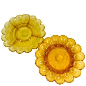 Devilled Egg Dishes Retro Vintage Amber Glass MCM Hob Nail Pair Serving Platter - Picture 1 of 10