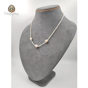 Real 9.5mm Pink Seawater Akoya & Baroque Natural Keshi Pearl Beads Necklace S925 - Picture 1 of 18