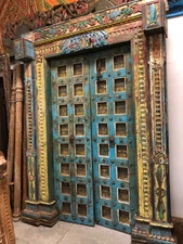 ETHICAL DESIGN Indian Antique Door bLUE Peacock Carved TEAK Reclaim Architecture