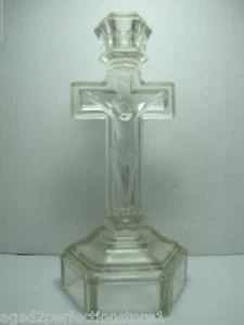 Antiker Glas Kruzifix Kerzenständer detailliert Klarglas Jesus Kreuz INRI - Bild 1 von 12