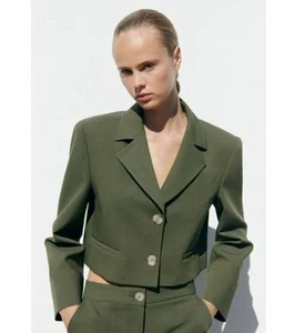 NWT Zara Cropped 2 Button Glen Blazer Lined Army Green Slit Pockets Size L - Picture 1 of 11