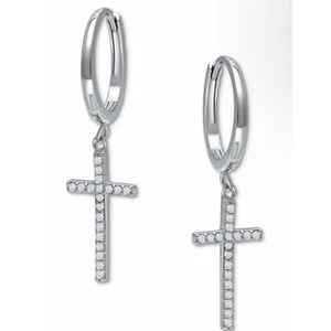 Orecchini croce argento sterling zirconi stile goccia fede chic minimal moda eleganti - Foto 1 di 5