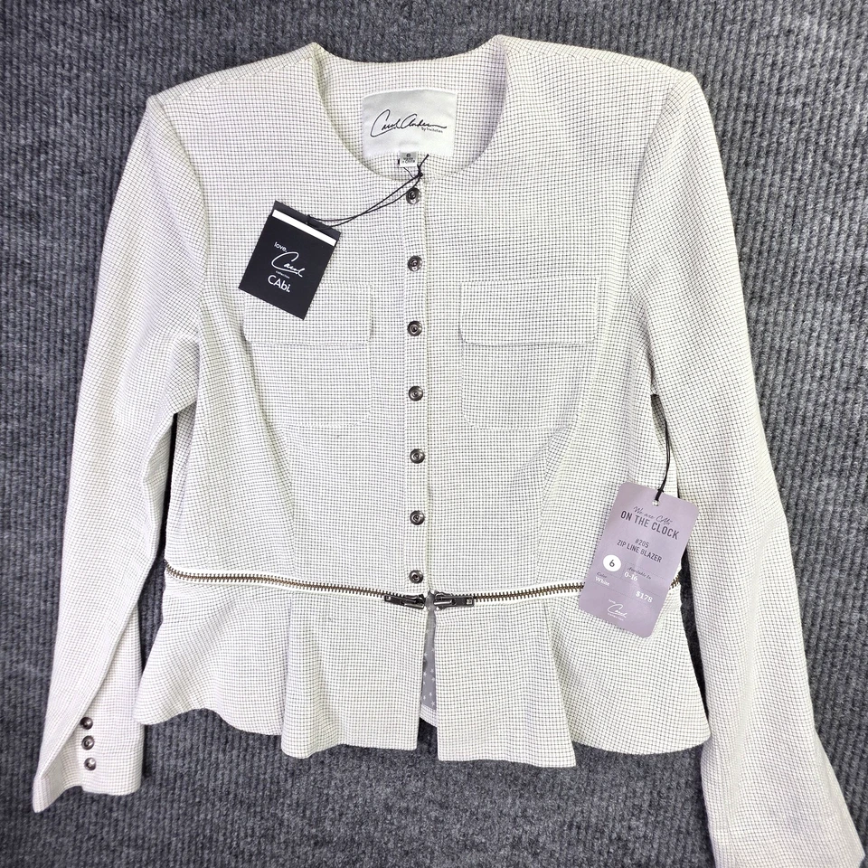 CAbi Carol Anderson Blazer Womens 6 White Black Check Zip Line Peplum Jacket - Image 1 of 4