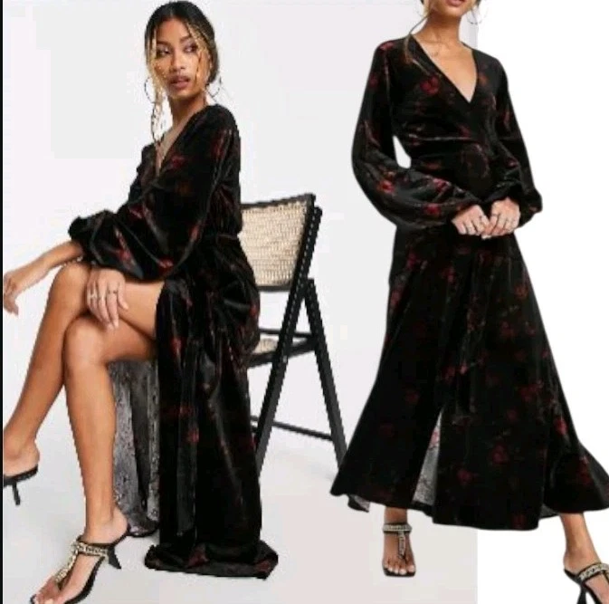 Vestido envolvente midi de terciopelo estampado Topshop $138 negro rojo floral romántico Foto 1 de 4