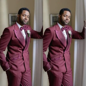 Burgundy Men Suits Wide Peak Lapel Wedding Groom Formal Prom Men Tuxedos 2 Pcs - Picture 1 of 16