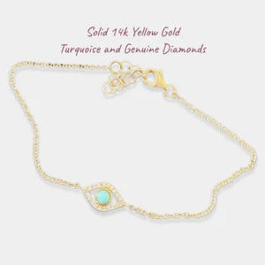 14K SOLID YELLOW GOLD TURKISH EYE BRACELET TURQUOISE GENUINE NATURAL DIAMONDS 7" - Picture 1 of 3