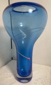 Vintage Laurie Thal Studio Kunst Glas Vase blau appliziert mauve Band Swirl 1988 - Bild 1 von 7