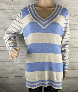 Poof Tunic Sweater Plus Size 1X Blue White Striped V-Neck Thin Knit Cotton Blend - Picture 1 of 12