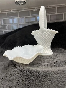 1 Westmoreland English Hobnail Milk Glass Basket  & 1 L.E. Smith Trinket Dish - Picture 1 of 9