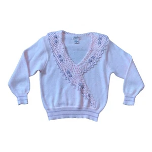 Jaclyn Smith Wos. Sweater Crochet Collar Embellish Beads Sz M VTG Cottage Core - Picture 1 of 10