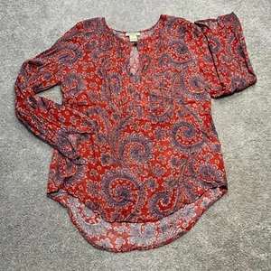 Lucky Brand Womens Boho Hippie Tunic Top M Red Paisley Flared Sleeve Festival - Picture 1 of 10
