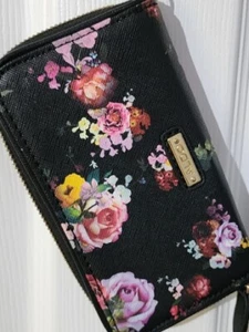 Aldo Womens Wallet Black Floral Zip Around Hardware Card Slots Coin Pocket - Picture 1 of 5
