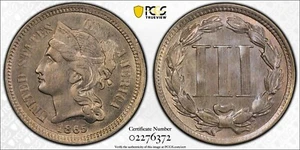 1865 Three Cent Nickel *PCGS MS63* First Year of Issue *FAST FREE SHIPPING!!! - Picture 1 of 6
