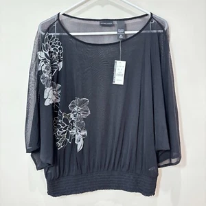 NY & Co Sheer Mesh Black Floral Blouse Dolman Sleeves sz M Gothic Grunge Y2K - Picture 1 of 8