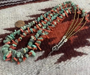 Ethnic multi-strands rustic Africa turquoise nugget/coral necklace(t711b-w2) - Picture 1 of 2