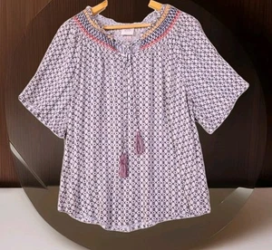 KNOX ROSE Top Women's Large Embroidered Front Tie Rayon Tunic Lightweight Blouse - Picture 1 of 7