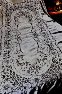 Tovaglia vintage MADEIRA BANQUET lino PIZZO taglio ricamo 103x68 8 tovaglioli - Foto 1 di 8