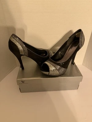 9.5 Worthington Lana Pewter Black Metallic Peep Toe High Heel Pump Dress Shoes. - Image 1 of 4