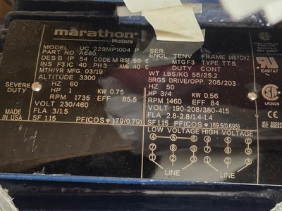 1 hp Marathon Blower Cooling Motor A680  1800 145tcvz tenv 3ph  LOCATION L-1 - Image 1 of 3
