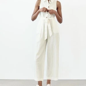 NUEVO CON ETIQUETAS ZARA MONO SIN MANGAS CON CINTURÓN MEZCLA DE LINO BLANCO ROTO MARFIL 8040/704/712 S - Imagen 1 de 9